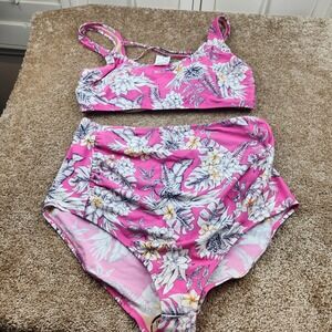 Beach Bump Motherhood Maternity Pink Tropical Floral Bikini Set XL 97931-86 NEW